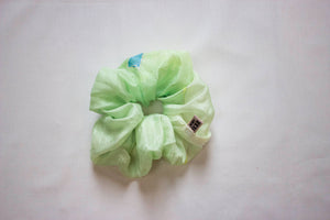 Scrunchie - 100% Silk - Lime green blue dot